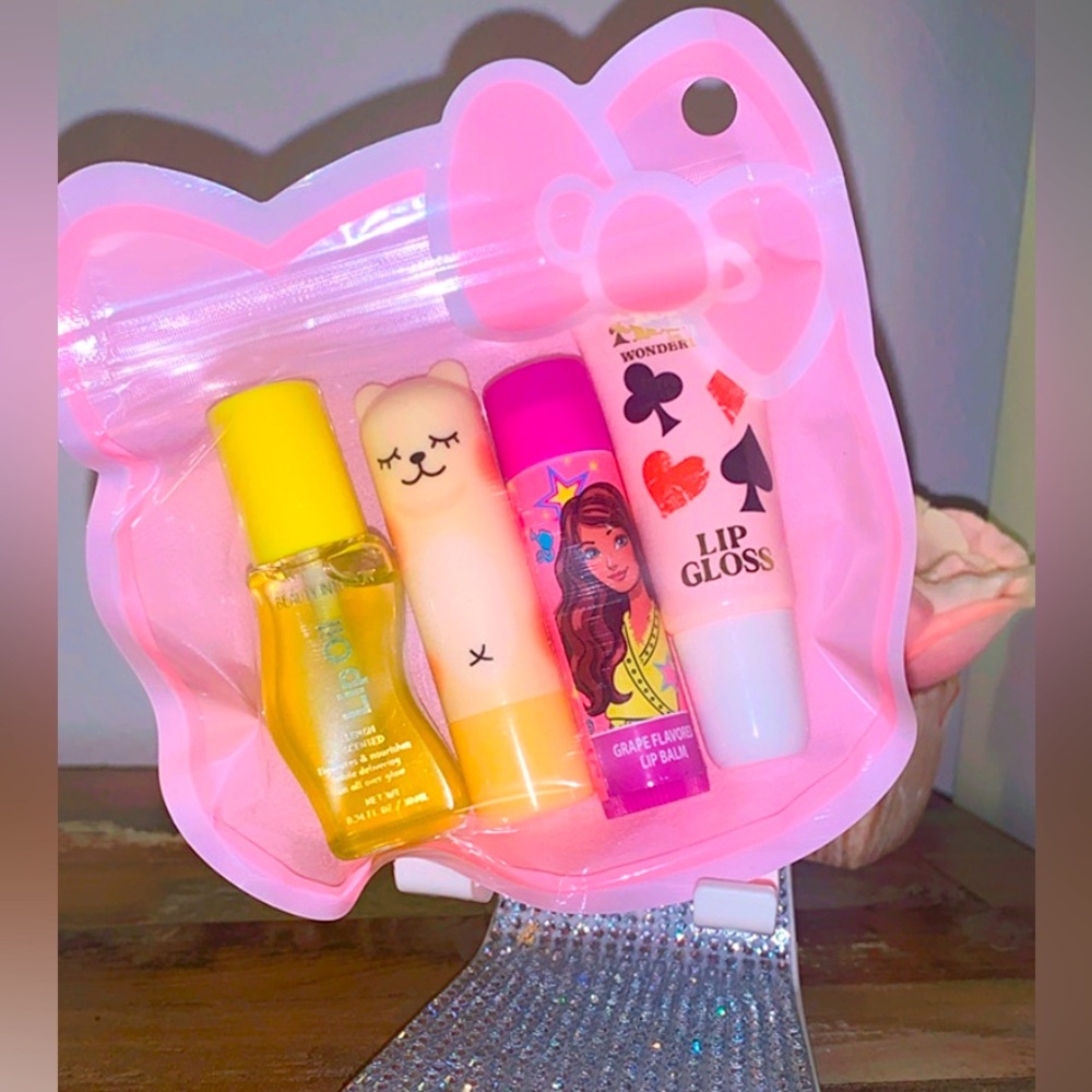 Cute Lip Gloss and Balm Set in Pink Pouch